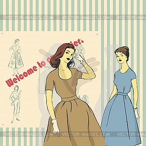 , retro girls and sewing studio - vector clip art