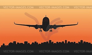 Passenger plane and big city - vector clip art