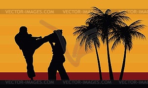 Karate belt, men demonstrating karate - vector image