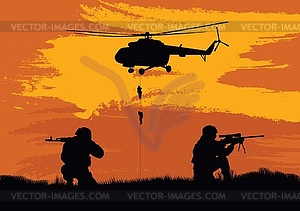 Soldiers on performance of combat mission - vector clipart