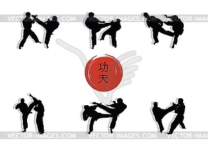 Group of men showing Kung Fu and hieroglyph on red - vector clipart