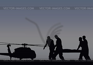 Солдаты с ранеными отправляются на вертолет - клипарт в векторном виде