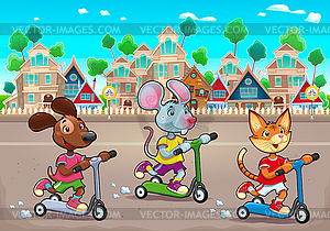 Funny pets are riding scootertoys in town - vector image