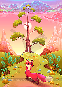 Landscape in sunset with fox - vector image