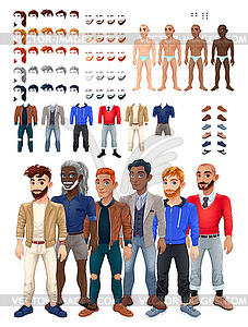 Dresses and hairstyles game with male avatar - vector image