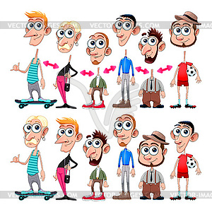 Funny male avatars with interchangeable heads and - vector clipart