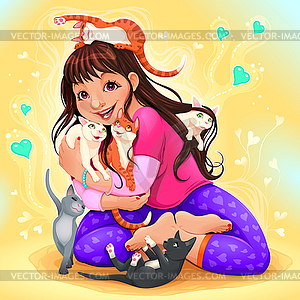 Happy girl embraces lot of kitties - vector clipart