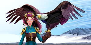 Eagle trainer elf on mountains - vector clipart