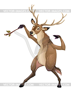 Funny deer is playing with branch like conductor - vector clipart