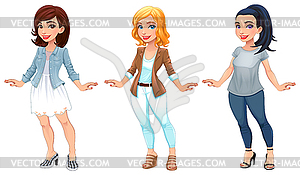 Three female cartoon characters - vector image