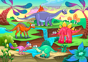 Group of funny dinosaurs in prehistoric landscape - vector clipart