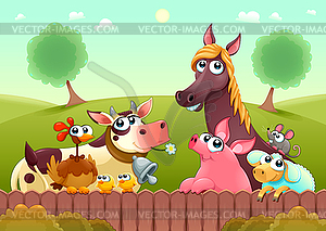 Funny farm animals smiling near fence - vector image