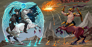 Fighting scene between dark elf and centaur - vector image