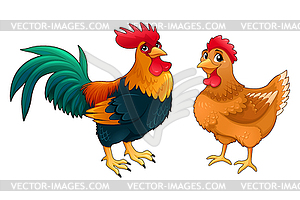 Funny couple of rooster and hen - vector image