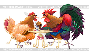 Hen and rooster in cafe - vector clipart