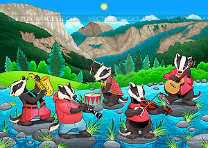 Group of funny badgers are playing music - vector image