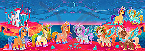 Groups of unicorns and pegasus in fantasy landscape - vector clipart