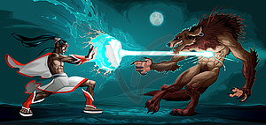 Fighting scene between elf and werewolf - vector image