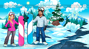 Сноубордисты мальчик и девочка на горе - векторное графическое изображение