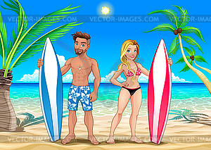 Two surfers on beach - vector image