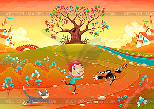 Friendship between boy, woodpecker and kitten - vector clipart