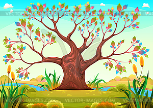 Happy tree in countryside - vector image