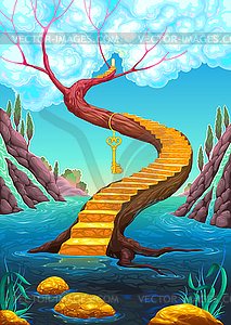 Golden stair with key - vector clip art