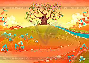 Countryside landscape with tree in sunset - vector image