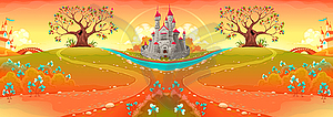 Countryside landscape with castle in sunset - vector clipart