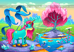 Happy unicorn in landscape of dreams - vector clip art