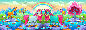 Happy unicorns in landscape of dreams - vector clipart