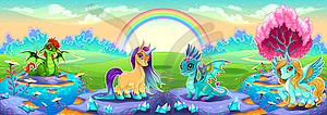 Landscape of dreams with rainbow and fantasy animals - vector image