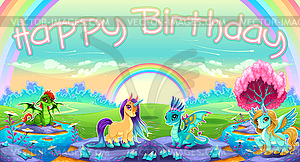 Happy Birthday card with fantasy animals - vector clipart