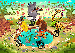 Funny wild animals on unicycles are playing in wood - vector clip art