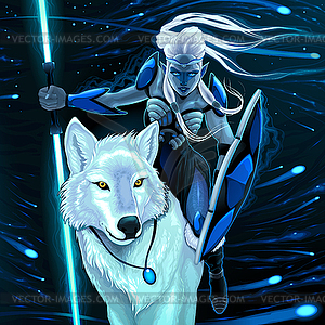 Elf with white wolf - vector image