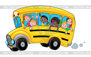 Cartoon school bus with happy child students - vector image