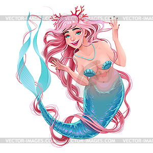 Smiling mermaid with long hair - vector clip art