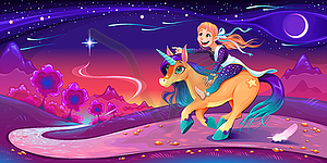 Happy girl is riding unicorn following her star - vector image