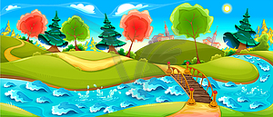 Funny landscape with river, trees and town on - vector clip art