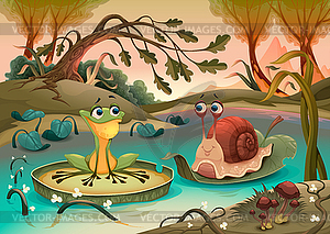 Friendship between frog and snail - vector clipart