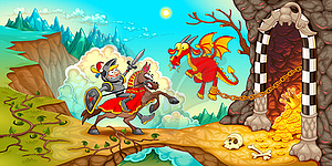 Knight fighting dragon with treasure in mountain - vector image