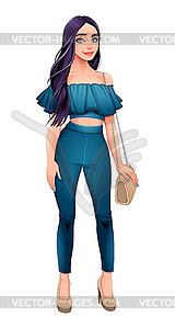 Fashion girl posing with hand on her bag - vector image