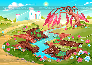 Фантастический пейзаж с рекой, деревом и замком - векторный рисунок