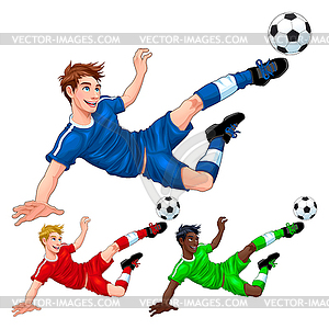 Three soccer players with different hair, skin and - vector image