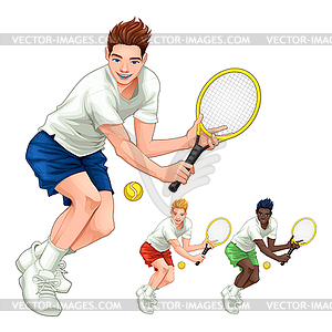 Three tennis players with different hair, skin and - vector clip art