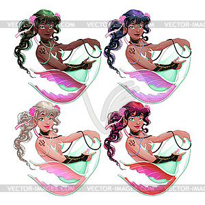 Group of mermaids with different skin and hair - vector image
