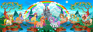 Groups of unicorns and pegasus in fantasy landscape - vector clipart