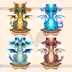 Collection of four natural element baby dragons, - vector image