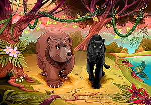 Медведь и черная пантера гуляют вместе в лесу - изображение в векторном формате
