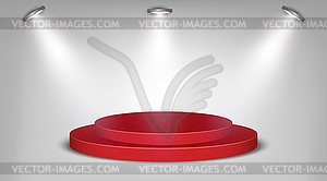 Red podium on gray background with spotlights - vector image